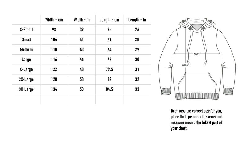 Size chart for Afterlife Hoodie - Black